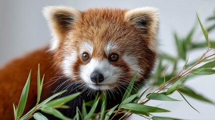 Red panda close-up with bamboo leaves in natural habitat  