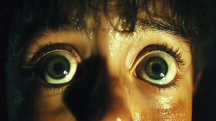 Close-up of wide eyes showing fear, framed with high contrast lighting 
