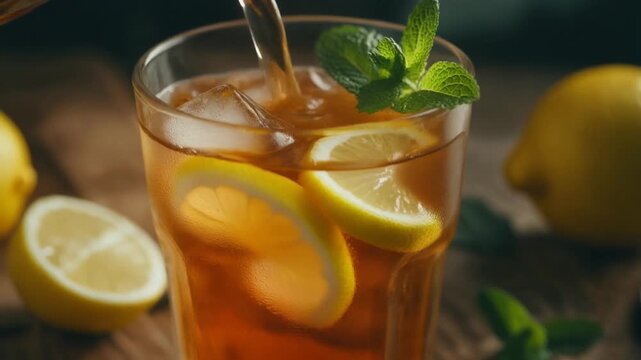 Refreshing iced tea with lemon slices and mint leaves, a perfect summer drink. The image shows the tea being poured into a glass filled with ice cubes