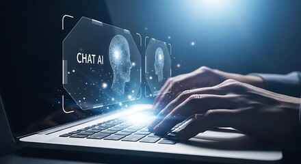 Person interacting with AI chat interface on laptop with digital brain artificial intelligence