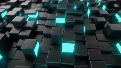 Abstract 3D rendering of black cubes with teal glowing accents, creating an intriguing, modern geometric background pattern with depth and dimension