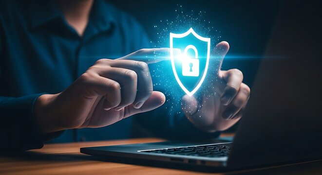Person interacting with glowing blue shield and lock icon security protection