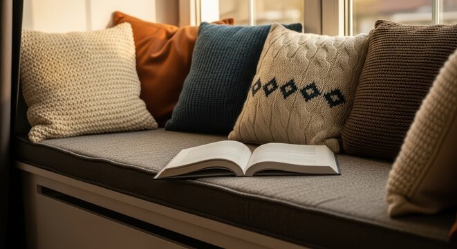 Cozy reading nook with cushions and open book by sunlit window