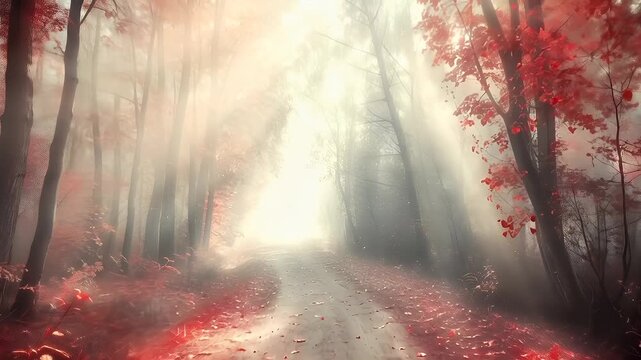 A vivid portrayal of a misty forest path enveloped in autumnal red leaves, creating a serene and mystical atmosphere.