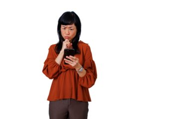 Asian woman feeling confused and worried, looking at smartphone, thinking about a problem, transparent background