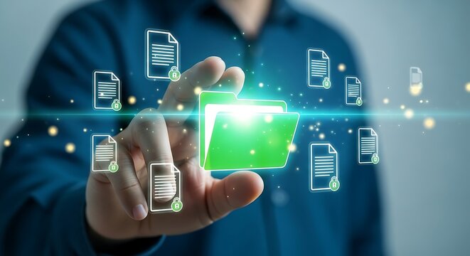 Person touching glowing green digital folder with document icons data file