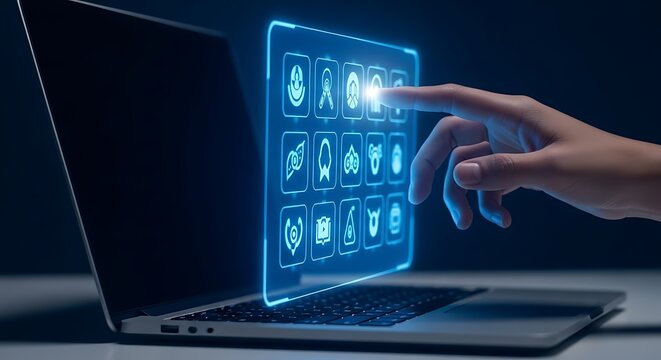 Finger touching glowing app icons on a futuristic digital interface technology hand - Powered by Adobe