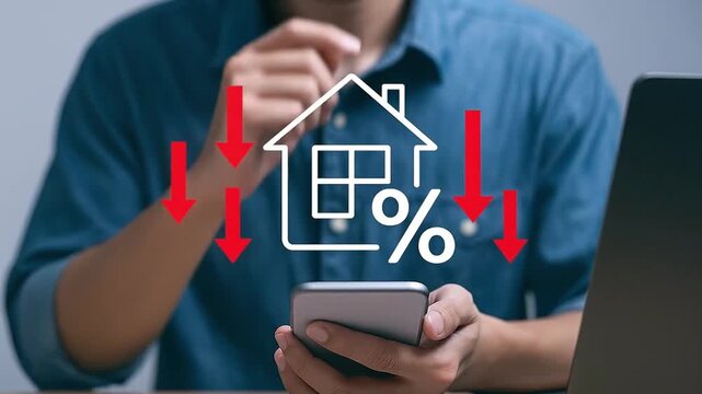 Digital Concept of Declining House Prices or Lower Mortgage Interest Rates: Person Monitoring Real Estate Market Trends on Smartphone