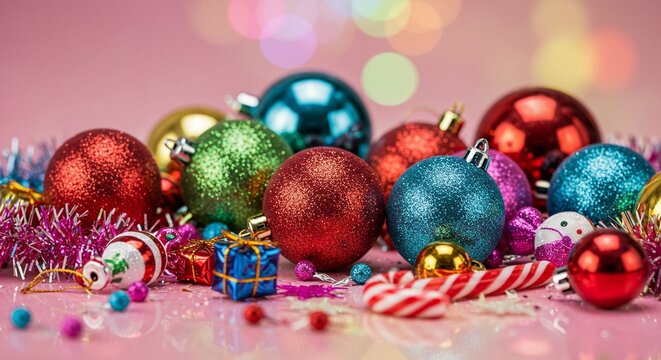 A festive collection of colorful christmas ornaments and decorations, including baubles, tinsel, and candy canes, arranged on a pink surface with bokeh lights