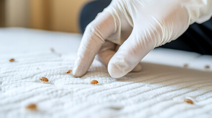 Close up of white gloved hand inspecting bed bugs on a bed.  The bed bugs are tiny and brown. This shows bed bug inspection. This is a bed bug infestation problem in a house.