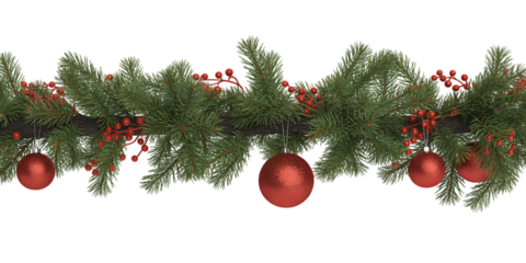 Festive christmas garland with red ornaments and berries on a black background