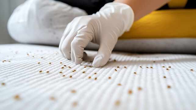 Close-up of a person wearing white gloves inspecting a bed for bed bugs, focusing on hygiene and pest control in a residential setting. Hygiene and cleanliness are keys.