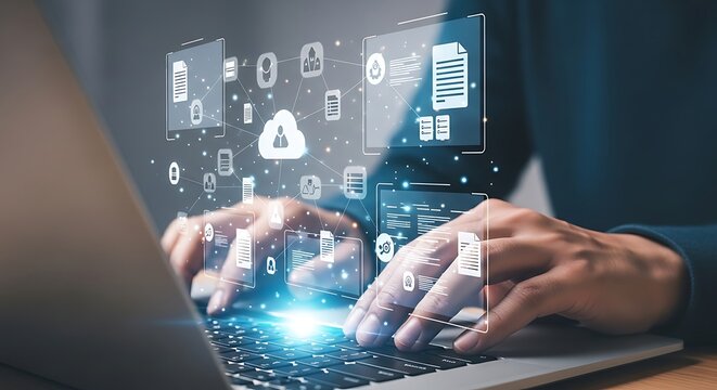 Person typing on laptop with glowing digital network and cloud interface technology