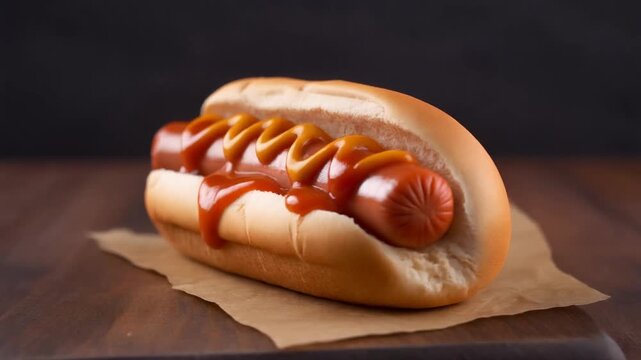 Delicious and appealing hot dog, served on a wooden board and dressed with sauce