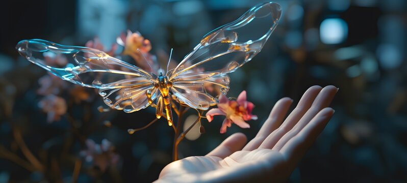 A butterfly , a small creature made of glass that is sitting in the palm of your hand,,generative AI - Powered by Adobe