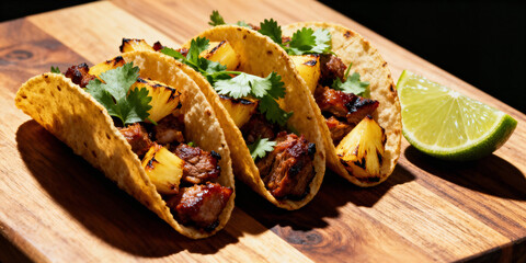 Savor succulent al pastor tacos bursting with grilled pineapple and fresh cilantro, a vibrant culinary delight perfect for any occasion.