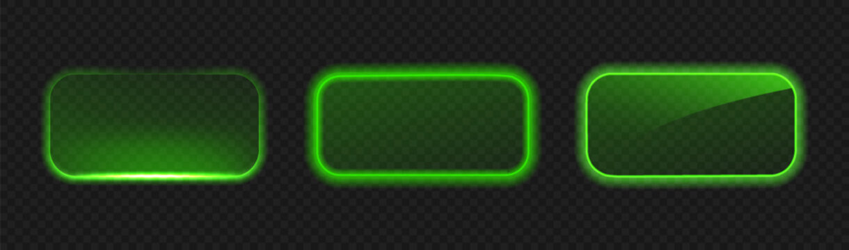 Glowing green neon button set. Rectangle frame light box. Banner collection for gaming UI design