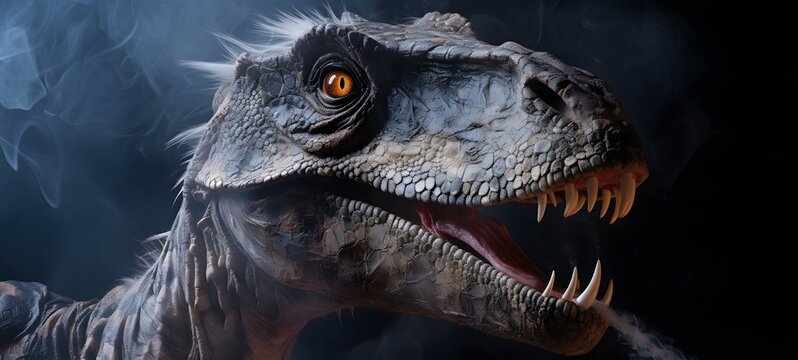 a light Velociraptor , coming out of the smoke,generative AI - Powered by Adobe