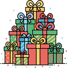 A vibrant illustration of a large stack of colorful gift boxes adorned with ribbons and bows, surrounded by confetti.
