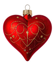 Red heart shaped Christmas ornament with intricate gold swirling patterns.