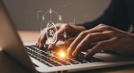 Person's hands typing on a laptop with a digital network and user icons networking