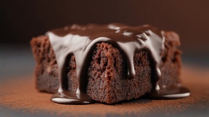 A close-up shot of a delicious, fudgy brownie topped with decadent chocolate sauce. The dessert looks rich and tempting