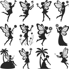 Fairy silhouette collection, magical flying fairies, tropical fantasy scene, whimsical wings, enchanted garden, floral fairies, mystical pose, black vector art