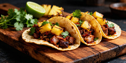 Savor these mouthwatering al pastor tacos piled high with juicy pork, grilled pineapple, and fresh cilantro on warm corn tortillas.