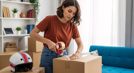 Woman packing boxes preparing for moving day with tape gun and supplies	