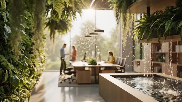 Abstract view of a tranquil green workspace with soft blur effect, emphasizing relaxation, harmonious office atmosphere, natural elements, and modern sustainable workplace aesthetics