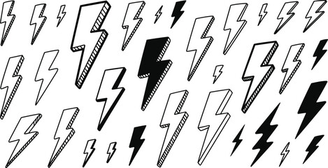 Stylized lightning bolt icons, electric energy symbols, black and white sketch bolts, power design elements, electricity pattern, dynamic graphic illustration