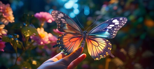 A butterfly , a small creature made of glass that is sitting in the palm of your hand,,generative AI