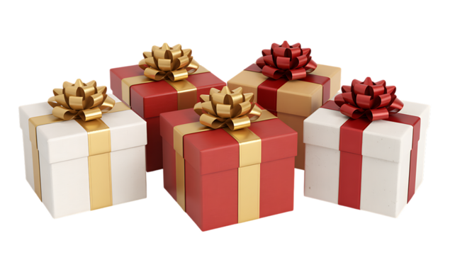 A cluster of festive gift boxes with red and gold ribbons and bows against a black background