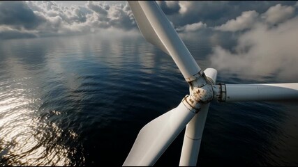 A close-up of a wind turbine over seawater reflecting the sun. Clean energy, a renewable source. Footage for green energy projects. - Powered by Adobe