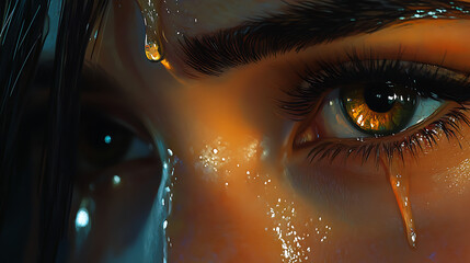 Close-up of teary eyes with glistening lashes under cinematic lighting 