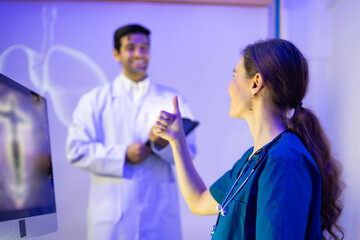 Portrait audiance caucasian woman doctor, Medical Training Presentation. Hospital Medical Research. nurse and healthcare professional meeting sitting boardroom, Planning and brainstorming health