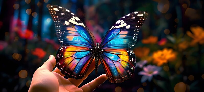 A butterfly , a small creature made of glass that is sitting in the palm of your hand,,generative AI