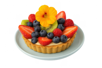 Colorful fruit tart with berries and edible flower