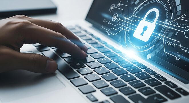 Close-up of hands typing on a laptop with digital security padlock icon Keywords: cybersecurity - Powered by Adobe