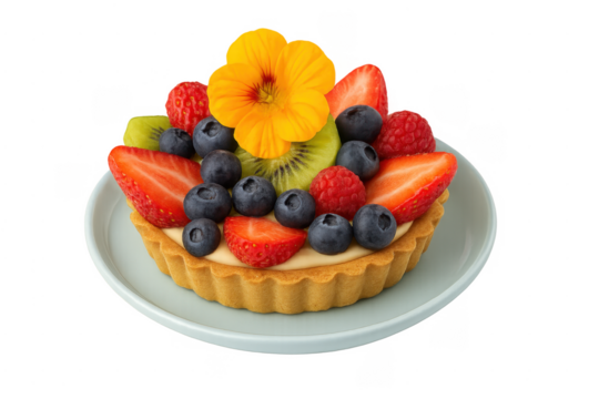 Colorful fruit tart with berries and edible flower