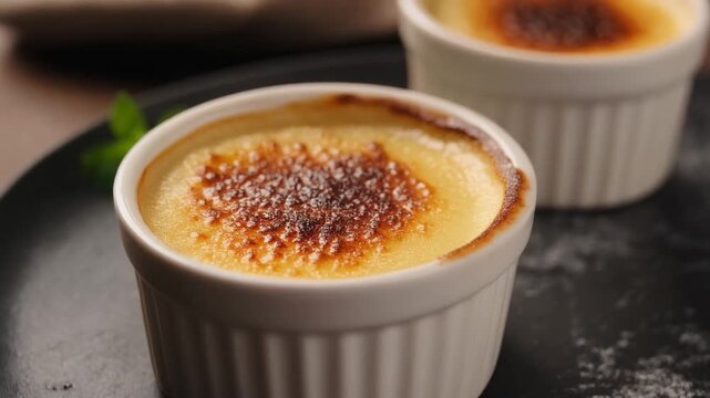 Two exquisite ramekins of cr&egrave;me br&ucirc;l&eacute;e. The dessert is beautifully caramelized on top