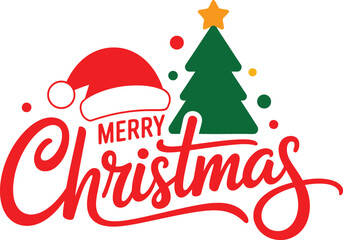 Festive Merry Christmas Typography with Red Santa Hat and Green Tree with Star and Ornaments for Holiday Greeting Cards and Seasonal Winter Decoration Vector
