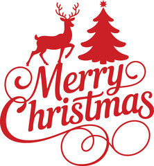 Elegant Red Reindeer and Stylized Christmas Tree with Merry Christmas Calligraphy for Holiday Greeting Cards and Seasonal Winter Decoration Vector