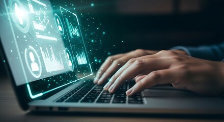 Person using laptop with futuristic digital interface and data analytics technology