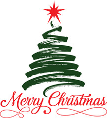 Elegant Stylized Christmas Tree with Red Star and Merry Christmas Calligraphy for Festive Holiday Greeting Cards and Seasonal Decor
