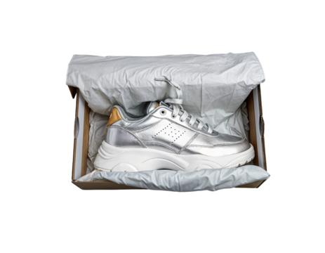 Silver Sneaker in Open Shoebox with Transparent Background