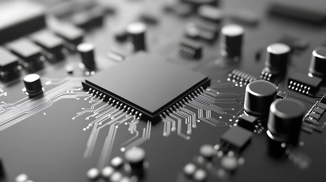 Monochrome macro shot of a computer processor on a circuit board. The intricate circuitry and components highlight tech's complexity, showcasing technology's innovation.