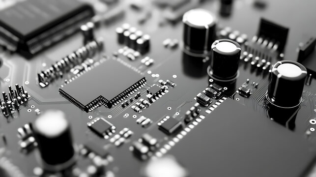 Monochrome macro shot capturing the intricate details of a computer circuit board, highlighting its complex network of electronic components and sleek design.