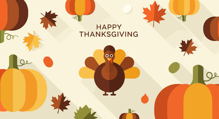 Happy Thanksgiving illustration with a cute turkey, pumpkins, and falling autumn leaves in a flat design style.