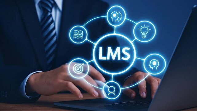 Professional Interacting with Digital Learning Management System (LMS) Interface on Laptop, Showcasing Online Education and Business Training Techn...